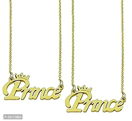 De-Ultimate (Set Of 2 Pcs) Golden Fancy  Stylish Trending Valentine's Day Special Metal Stainless Steel Prince Name Letter Locket Pendant Necklace With Chain For Men's And Boy's Gift Jewellery Set-thumb0