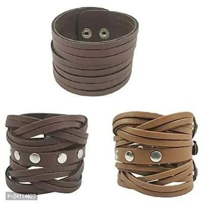 De-Ultimate CMB7239 (Set Of 3 Pcs) Funky Punk Stylish Trending Fashionable Dynamic Casual Cutting Braided Leatherite Wraps Dyed Rope Handmade Broad Friendship Cuff Wrist Gym Band/Bracelet Strap