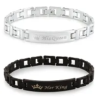 De-Ultimate (Set of 2 Pcs) Valentine's Day Special Metal (6.5cm Diameter) His Queen and Her King Crown Romantic Love Couple Bracelet for Boy's and Girl's (Silver/Black)-thumb1