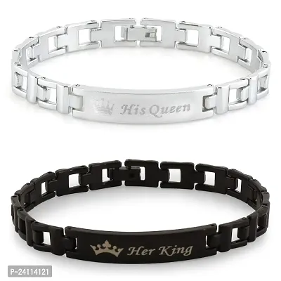 De-Ultimate (Set of 2 Pcs) Valentine's Day Special Metal (6.5cm Diameter) His Queen and Her King Crown Romantic Love Couple Bracelet for Boy's and Girl's (Silver/Black)-thumb2