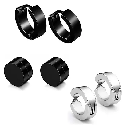 Airtick (3 Pair) CMB7348 Trendy Round Shaped Press Screw Pierced And Non-Piercing (8mm Medium Size) Magnetic Style Clip On Metal Barbell Earring Hoop Bali Stud For Men And Women