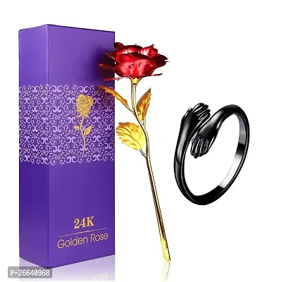 De-Ultimate JX000291 Combo of Artificial Red Rose Flower with Black Hug Ring Valentine Gift for Girlfriend, Boyfriend, Husband and Wife Special Gift Pack-thumb0