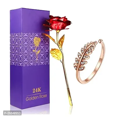 De-Ultimate JX000283 Combo of Artificial Red Rose Flower with Golden Leaf Design Ring Valentine Gift for Girlfriend, Boyfriend, Husband and Wife Special Gift Pack