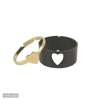 De-Ultimate (Black  Golden) Valentine's Day Adjustable Size Romantic Couple Friendship Promise Matching Punk Fashion Heart Design Open-Cuff Finger Trendy Dainty Rings Set-thumb0