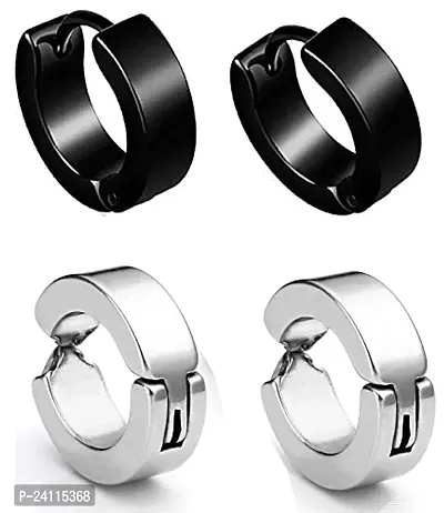 De-Ultimate (2 Pair) CMB7334 Trendy Black And Silver Round Shaped Press Screw Pierced And Non-Piercing Style Clip On Metal Barbell Earring Hoop Bali Stud For Men And Women