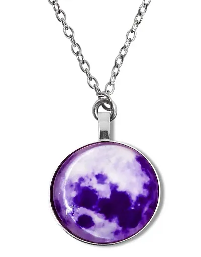 De-Ultimate Stainless Steel Romantic Glow in the Dark Rising Purple Moon Handmade Crystal Glass Dome Lunar Eclipse Alloy Luminous Pendant Locket Necklace With Chain