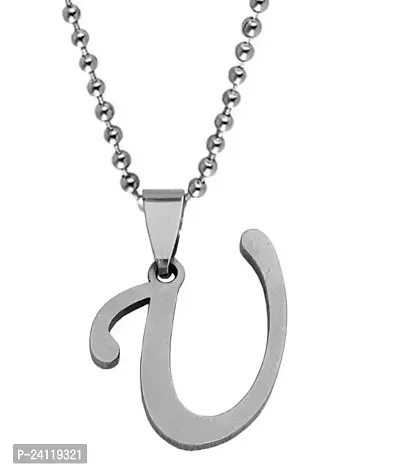 De-Ultimate Silver Color Unisex Metal Fancy  Stylish Trending Name English Alphabet 'U' Letter Locket Pendant Necklace With Ball Chain-thumb0