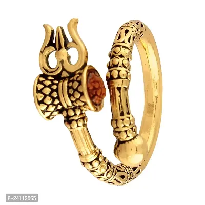 De-Ultimate Men's and Women's Adjustable Stylish Trending Rudraksha Oxidized Mahakal Shiva Trishul Damroo Designer Bahubali Cuff Finger Ring (Free Size) (Golden)-thumb2