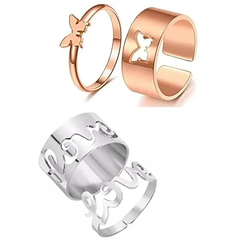 De-Ultimate CMB7784 Multicolor Valentine's Day Special Adjustable Size Romantic Couple Friendship Promise Matching Punk Butterfly & Love Name Letter Open-Cuff Finger Rings Set