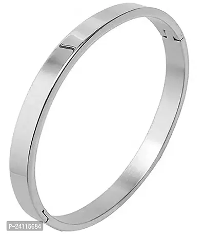 De-Ultimate (6cm Diameter) Unisex Stylish Trending Silver Color Fashionable Valentine's Day Special Stainless Steel Metal Plain Openable Lock Friendship Hand Cuff Wrist Kada Bangle Couple Bracelet-thumb0