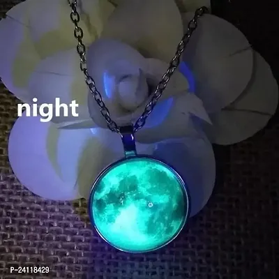 Utkarsh Unisex Stainless Steel Trending Romantic Glow In The Dark Rising Blue Moon Handmade Crystal Glass Dome Lunar Eclipse Alloy Luminous Pendant Necklace With Chain-thumb3