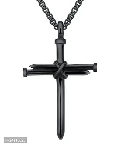 De-Ultimate Trending Stainless Steel Metal Unisex Prayer Black Rope  Nail Design Blessing Christian Jesus Cross Locket Pendant Necklace With Box Chain
