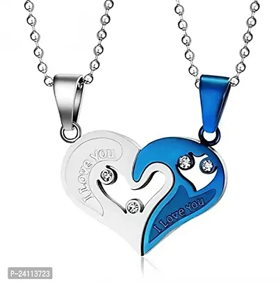 Uniqon Unisex Valentine's Day Special Metal Stainless Steel I Love You Diamond Nug Broken Heart Romantic Love Couple Blue And Silver 2 In 1 Beautiful Duo Locket Pendant Necklace With Chain-thumb0