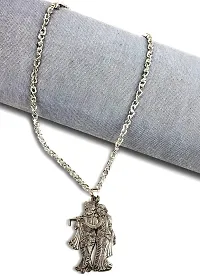 De-Ultimate (Set Of 2 Pcs) Metal Unisex Silver Color God Lord Shri Radha Krishna/Thakur Ji/Govinda/Kanha With Basuri/Murli Pendant Locket Necklace With Chain-thumb2