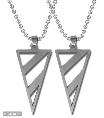 De-Ultimate Unisex (Pack Of 2 Pcs) Silver Color Fancy  Stylish Stainless Steel Cool Geometric Lining Triangle Arrow Head Unique Design Locket Pendant Necklace With Ball Chain