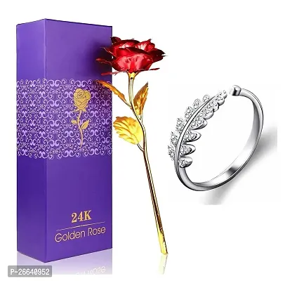 De-Ultimate JX000282 Combo of Artificial Red Rose Flower with Silver Leaf Design Ring Valentine Gift for Girlfriend, Boyfriend, Husband and Wife Special Gift Pack