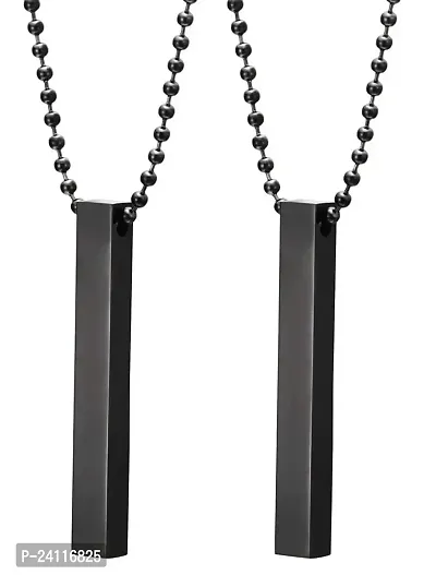 De-Ultimate (Set Of 2 Pcs) Unisex Metal Black 3D Vertical Bar Cuboid Stick Custom Name Locket Pendant Necklace With Chain Jewellery Set