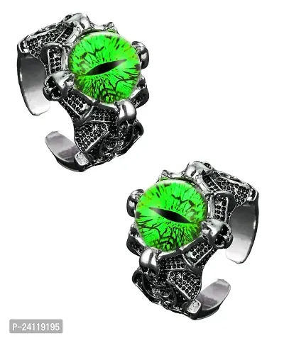 De-Ultimate (Pack Of 2 Pcs) Unisex Stainless Steel Adjustable/Openable Funky Green Crystal Glasses 3d Devil/Dragon Demons Evil Eye Thumb Finger Ring (Free Size)