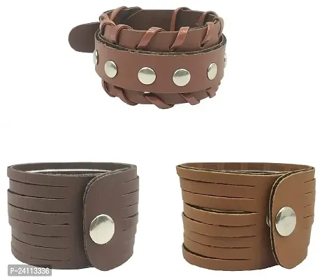 De-Ultimate CMB7251 (Set Of 3 Pcs) Funky Punk Stylish Trending Fashionable Dynamic Casual Cutting Braided Leatherite Wraps Dyed Rope Handmade Broad Friendship Cuff Wrist Gym Band/Bracelet Strap-thumb0