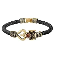 De-Ultimate Adjustable (Black Color) Unisex Antique Stylish Trending Rudraksha Beads Oxidized Shiva Om Mahakal Trishul Damroo Designer Bahubali Cuff Leather Dyed Rope Kada Wrist Band/Belt Bracelets-thumb1