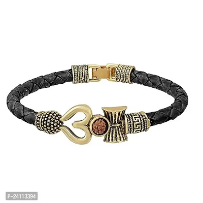 De-Ultimate Adjustable (Black Color) Unisex Antique Stylish Trending Rudraksha Beads Oxidized Shiva Om Mahakal Trishul Damroo Designer Bahubali Cuff Leather Dyed Rope Kada Wrist Band/Belt Bracelets-thumb2