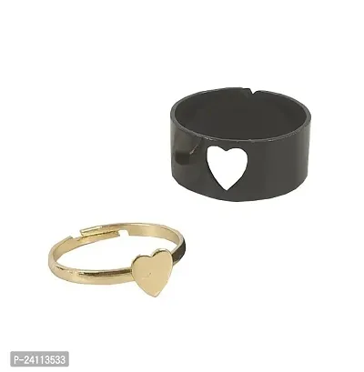 De-Ultimate (Black  Golden) Valentine's Day Adjustable Size Romantic Couple Friendship Promise Matching Punk Fashion Heart Design Open-Cuff Finger Trendy Dainty Rings Set-thumb3