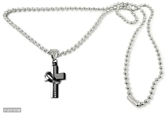 De-Ultimate (Set Of 2 Pcs) Black Silver Metal AD Nug Studed Dual Tone Lord Holy Jesus Christ Cross Christian Isa Masih With Ring Pendant Locket Necklace-thumb2