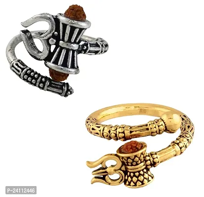 De-Ultimate (Set Of 2) Men's and Women's Adjustable Stylish Trending Rudraksha Oxidized Mahakal Shiva Trishul Damroo Designer Bahubali Cuff Finger Ring (Free Size) (Multi)-thumb0