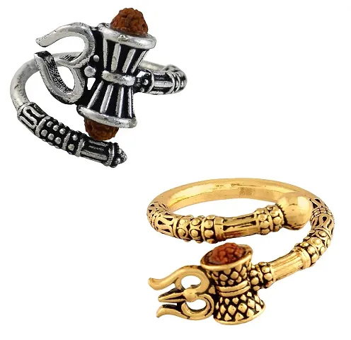 De-Ultimate (Set Of 2) Men's and Women's Adjustable Stylish Trending Rudraksha Oxidized Mahakal Shiva Trishul Damroo Designer Bahubali Cuff Finger Ring (Free Size)