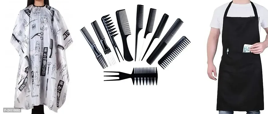 De-Ultimate Combo Of Neck Bib Ties With Pocket With Black Hair Cutting Sheet Hairdressing And Professional Hair Styling Combs Tools Set