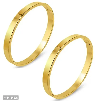 De-Ultimate (Set Of 2 Pcs) Unisex Stylish Trending (6cm Diameter) Golden Color Valentine's Day Special Stainless Steel Metal Plain Openable Lock Friendship Hand Cuff Wrist Kada Bangle Couple Bracelet-thumb0