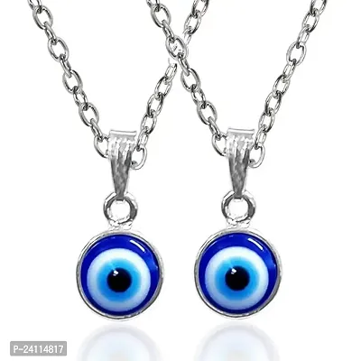 De-Ultimate (Pack Of 2 Pcs) Premium Quality Valentine's Day Special Stainless Steel Round Blue Stone Moti Bead Evil Eye Nazar Suraksha Kavach Locket Pendant Charm Necklace With Clavicle Chain