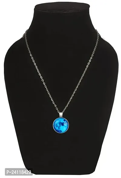 Utkarsh Unisex Stainless Steel Trending Romantic Glow In The Dark Rising Blue Moon Handmade Crystal Glass Dome Lunar Eclipse Alloy Luminous Pendant Necklace With Chain-thumb4