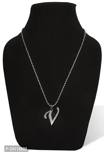 De-Ultimate Silver Color Unisex Metal Fancy  Stylish Trending Name English Alphabet 'V' Letter Locket Pendant Necklace With Ball Chain-thumb4