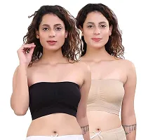 De-Ultimate Set of 2 Pcs Women's and Girls Comfortable Cotton Black and Beige Stretchable Strapless Tube Bra for Sport, Gym, Yoga, Running, Dancing, Cycling (Free Size)-thumb1