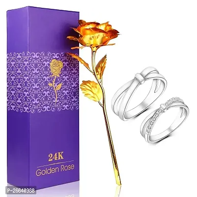 De-Ultimate JX000292-01 Combo of Artificial Yellow Rose Flower with Silver King Queen Couple Ring Valentine Gift for Girlfriend, Boyfriend, Husband and Wife Special Gift Pack