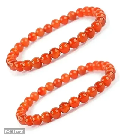 De-Ultimate (Pack Of 2 Pcs) Adjustable Size Orange Plain 8mm Moti Pearl Bead Natural Feng-Shui Healing Crystal Gem Stone Wrist Band Elastic Bracelet For Men's  Women's