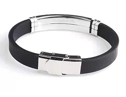 De-Autocare Unisex Black  Silver Stylish Trending Fashionable Casual Style Daily Use Silicone Strap with Stainless Steel Funky Classic Sports Friendship Wrist Band Bangle Bracelet with Buckle Lock-thumb1