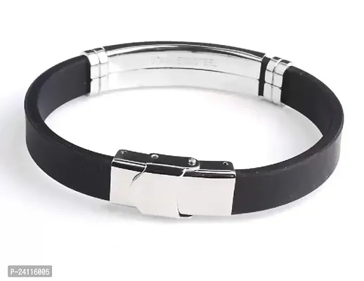 De-Autocare Unisex Black  Silver Stylish Trending Fashionable Casual Style Daily Use Silicone Strap with Stainless Steel Funky Classic Sports Friendship Wrist Band Bangle Bracelet with Buckle Lock-thumb2