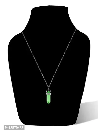 De-Ultimate Green Glass Healing Crystal Hexagonal Point Prism Pencil Shape Locket Pendant Necklace With Clavicle Chain For Girl's  Women-thumb3