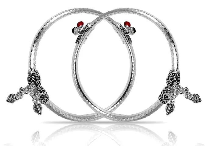 De-Ultimate (1 Pair) Silver Color Traditional Design Metal Alloy Adjustable Crystal Ghungroo Leg Painjan Anklets Payal Rajasthani Style Round Foot Kada Bangle Jewellery Set For Women's And Girl's