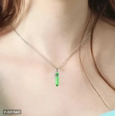 De-Ultimate (Pack Of 2 Pcs) Green Glass Healing Crystal Hexagonal Point Prism Pencil Shape Locket Pendant Necklace With Clavicle Chain For Girl's  Women-thumb4