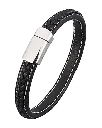 De-Ultimate Unisex Black  Silver Stainless Steel Casual Style Daily Use Braided Leatherette Rope Cutting Wraps Strap Ponytail Design Sports Friendship Wrist Gym Band Bangle Bracelet With Buckle Lock-thumb2