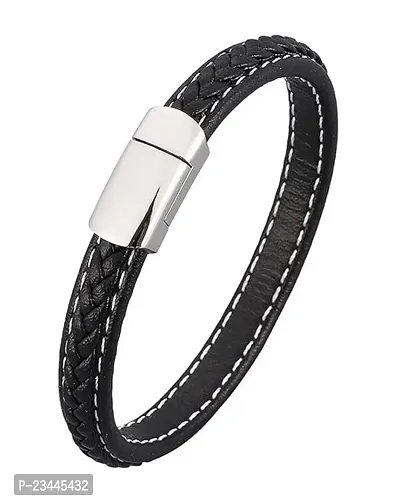 De-Ultimate Unisex Black  Silver Stainless Steel Casual Style Daily Use Braided Leatherette Rope Cutting Wraps Strap Ponytail Design Sports Friendship Wrist Gym Band Bangle Bracelet With Buckle Lock-thumb3