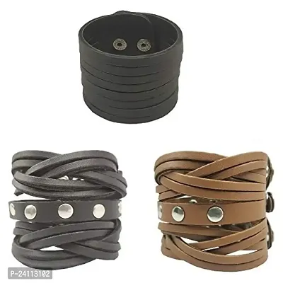 De-Ultimate CMB7234 (Set Of 3 Pcs) Funky Punk Stylish Trending Fashionable Dynamic Casual Cutting Braided Leatherite Wraps Dyed Rope Handmade Broad Friendship Cuff Wrist Gym Band/Bracelet Strap