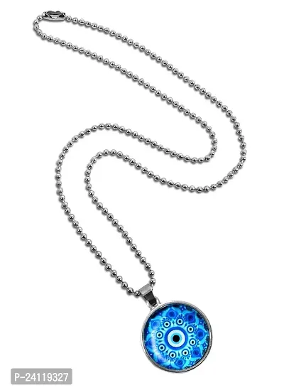 De-Ultimate Unisex Stainless Steel Valentine's Day Special Blue Evil Eye Nazar Suraksha Kavach Flower Design Pendant Locket Necklace With Ball Chain