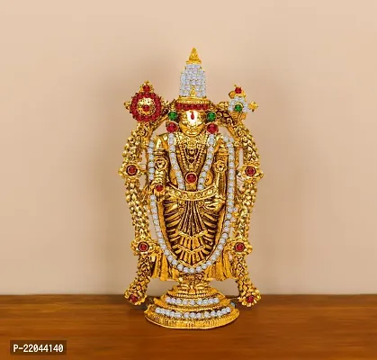 De-Ultimate Lord Tirupati Balaji/venkateswara/vyankatesh Golden Flower Mala God Stand Idol (St-2041) Golden Antique Metal for Home Decor/car Dashboard/mandir Pooja Murti/temple Puja/office Table Showpiece