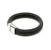 De-Ultimate Unisex Black  Silver Stainless Steel Casual Style Daily Use Braided Leatherette Rope Cutting Wraps Strap Ponytail Design Sports Friendship Wrist Gym Band Bangle Bracelet With Buckle Lock-thumb1