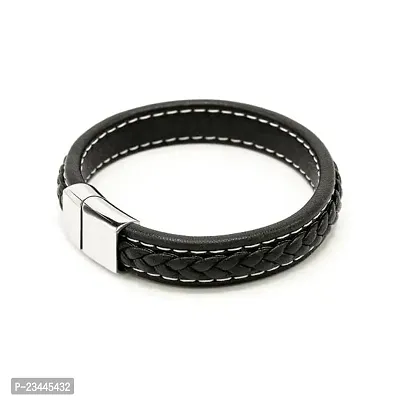 De-Ultimate Unisex Black  Silver Stainless Steel Casual Style Daily Use Braided Leatherette Rope Cutting Wraps Strap Ponytail Design Sports Friendship Wrist Gym Band Bangle Bracelet With Buckle Lock-thumb2