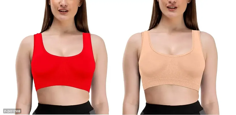 De-Ultimate Combo of 2 Pcs Everyday Wear Red and Beige Color Women's and Girls Comfortable Cotton Innerwear Stretchable Non Padded Non-Wired Sports Air Bra for Sport, Gym, Yoga, Running, Dancing